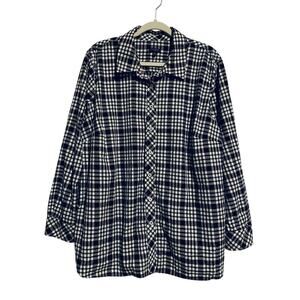Talbots Top Womens 2X Black Plaid Button Up Long Sleeve Silver Metallic Cotton